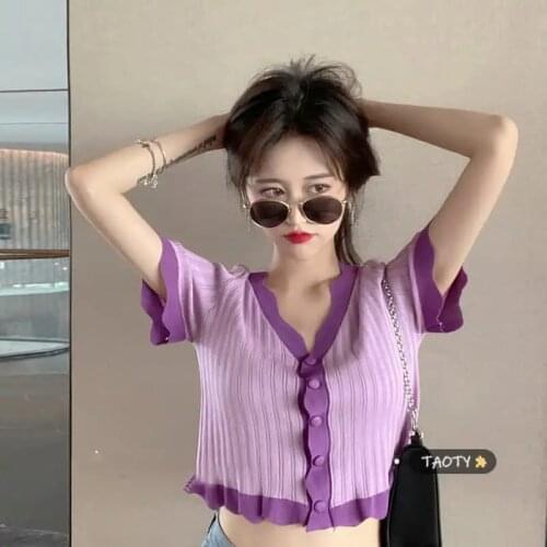 Herstory Women Single Breasted V-neck Sweet Short Shirts Female Purple Yellow Ruffles Crop Top Lady Korean 2021 Summer BLOUSE