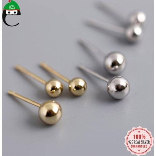 ElfoPlataSi Genuine 925 Sterling Silver Cute Small Gold Silver Ball Beads Stud Earrings For Women Sterling Silver Jewelry XY1331