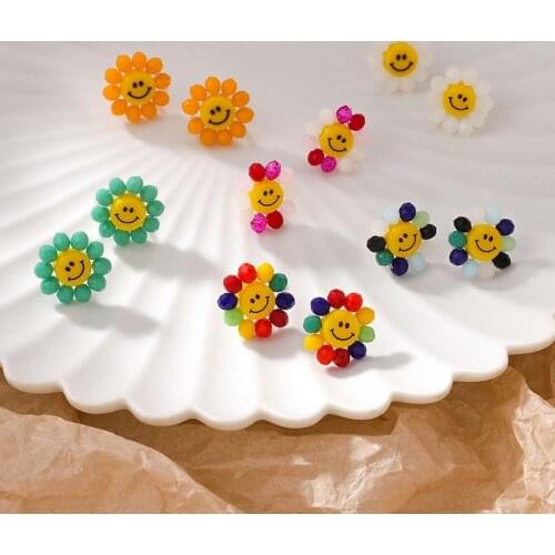 Origin Summer Korean Multicolor Contrast Color Sun Flower Smile Face Stud Earring for Women Exquisite Crystal Earring Jewelry