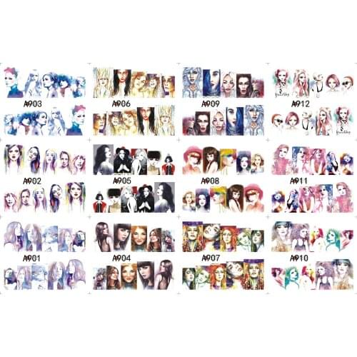 12 Sheets/Lot Nail A901-912 Fashion Cartoon Girl Full Cover Nail Art Water Wraps Sticker Decal For Nail Tattoo (12 DESIGNS IN 1)