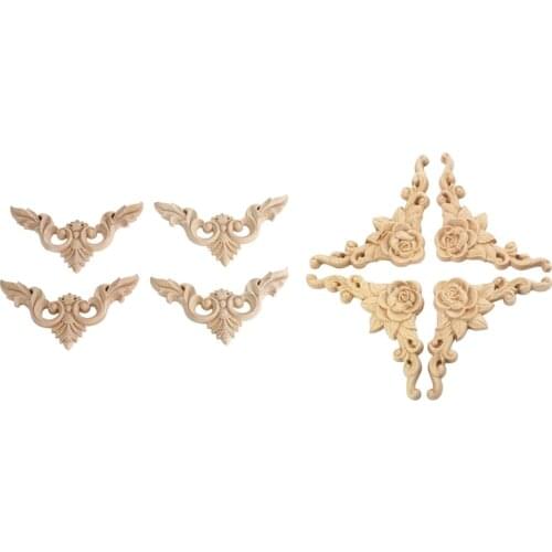 8 Pcs 8x8Cm Wood Carved Corner Onlay Applique Door Cabinet Rose Unpainted European Style & Furniture Home Decorations Unpainted
