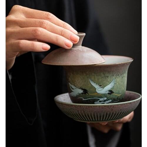 Ceramic Large Retro Tea Bowl with Lid Anti-Scald Kung Fu Gaiwan Creative Hand Painted Shining Crane Tea Cup Tea Strainer Teaware