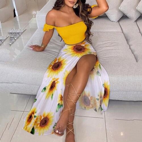 Fashion Sexy Off Shoulder High Split Long Dress Womens Ladies Sunflower Print Holiday Strapless Maxi Dresses Party Beach Dress