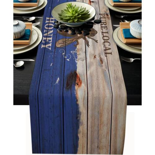 Home Table Runner Bee Retro Wood Grain Blue Cupboard Coffee Table Cover Cloth Birthday Party Dinner Table Decoration Base Cloth