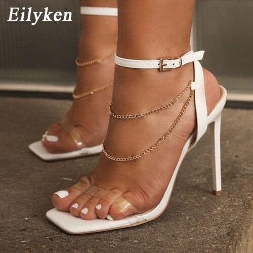 Eilyken New Fashion Ankle Buckle Strap Chain Decoration Designer Slides Shoes For Women Sandals Summer Party Stiletto High Heels