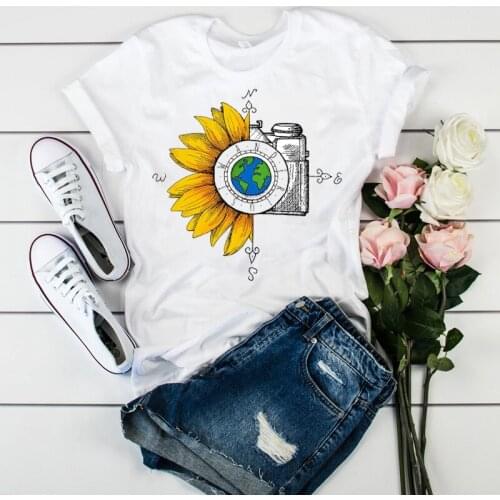 Women Graphic T-shirt Watercolor Female Printed Vintage World Compass Camera Flower Ladies Camisas Mujer Womens T-shirt