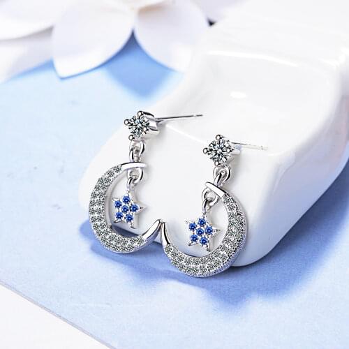 Elegant quality Blue Cubic Zircon Moon Star Dangle Earrings for Women Simple Statement Wedding Earring Jewelry
