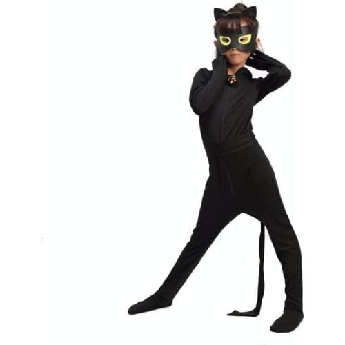 Hot Carnival Clothing Cat Noir Cosplay Sets Lady Halloween Christmas Party Custume Jumpsuit Kids Girls Suit Spot 3-10Y