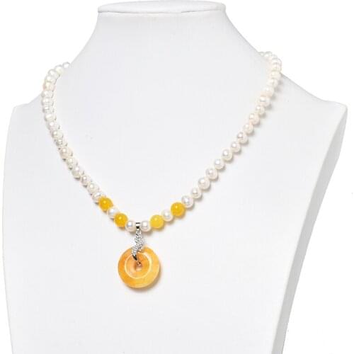 Wholesale White Pearls with Luster Orange 25x6mm Yellow Pendant 8-9mm freshwater Natural Pearls Diy Necklace 18inch H515