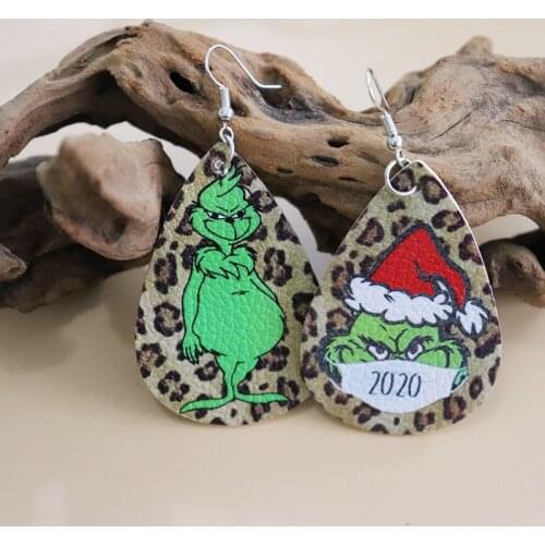 Wholesale New European and American Christmas Grinch Asymmetrical Leather Leopard Print Double-sided Pattern Earrings Wholesale