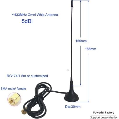 Ex-factory price 5dbi external omni 433Mhz whip antenna with RG174 /1.5M cable SMA male connector 1