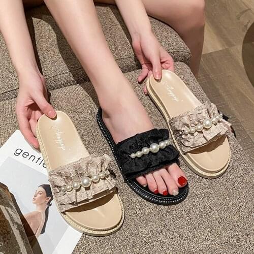Plus Size 42/43 string beads slippers women summer beach shoes woman sandals flipflops thick soled pleated sequined cloth slides