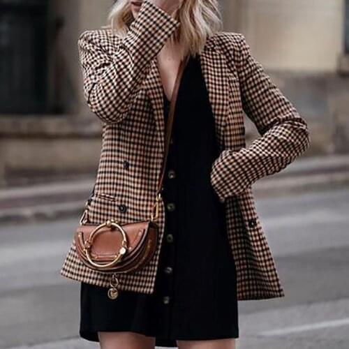 PUWD Vintage Woman Plaid Suit Blazer 2020 Fashion Ladies Autumn Casual Elegant jacket Femal Double breasted Coat