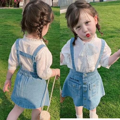 2021 Summer Children New Clothes Kids Baby Girls Lace Shirt With Denim Strap Overalls Mono Two Pieces Sets Roupas Infantis Menin