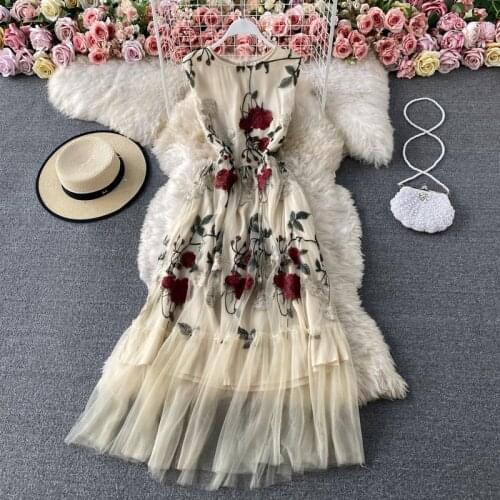2021 Spring Summer New Women O-Neck Flower Embroidered Ruffles Gauze A-Line Dress Female Chic Elegant Waist Mesh Party Dresses