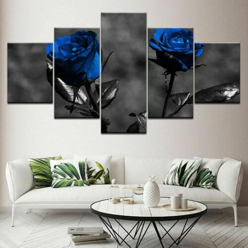 Blue Roses in Dark Baackground 5 Panel Canvas Picture Print Wall Art Canvas Painting Wall Decor for Living Room Poster No Framed