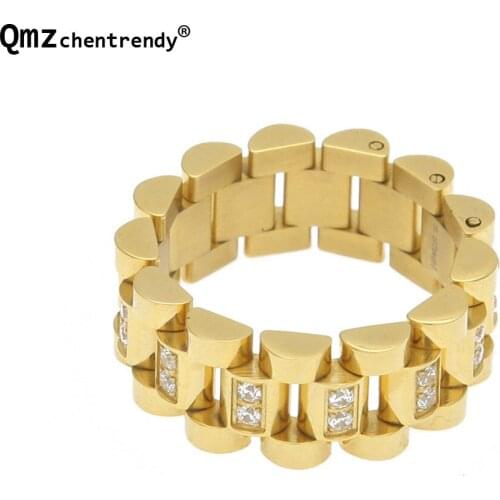 Newest Hip Hop Women Men Bling Cz Watchband Finger Rings Punk Jewelry High Quality Stianless Steel Male Finger Rings 8'10'12