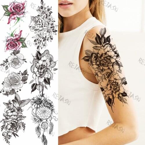 Black Big Peony Snake Temporary Tattoos For Women Girl Rose Tiger Dream Catcher Bird Fake Tattoos Sticker Arm Waterproof Tatoos