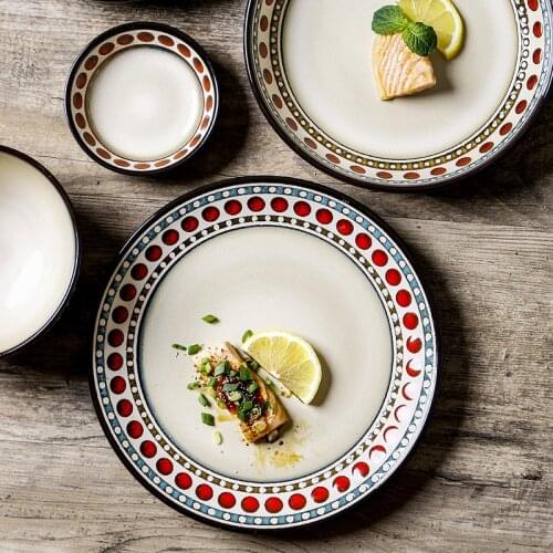 Ceramics Food Plate European Retro Dot Tableware Rice Salad Noodle Bowl Dinner Plate Dishes Spoon Home Decor Kitchen Accessories