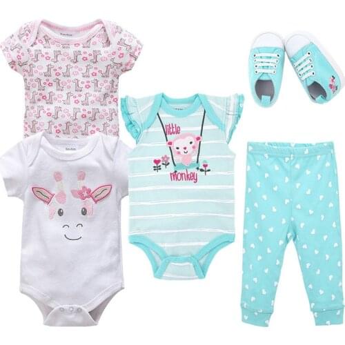 Baby Girl Clothes Short Sleeve Set With Pants Shoes 5Pcs Newborn Outfits For Girl Infant First Fashion Baby Girl Clothing Set