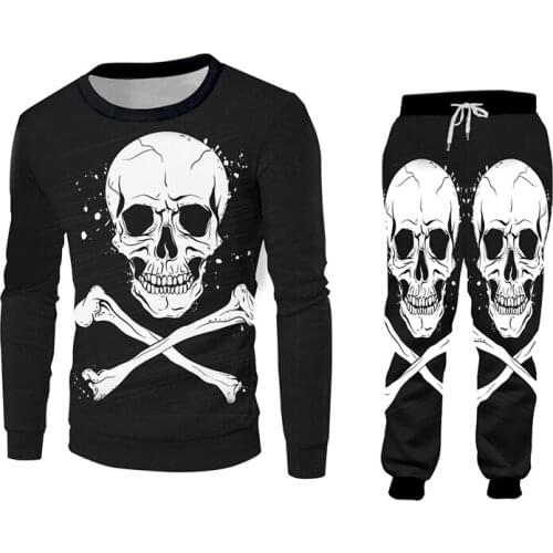 OGKB Black Sweatshirts And Jogger Pants Suits For Men Cool Printed Skeleton 3d Sport Tracksuit Two Piece Set Hip Hop Streetwear