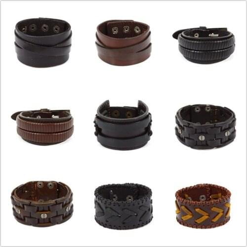 Fashion Punk Style Leather Bangles Handmade Genuine Leather Men Bracelet Black and Brown Color Different Design for Women Gift