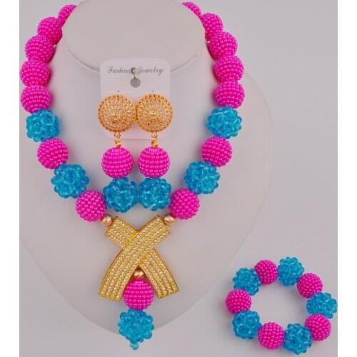 Pretty Fuchsia Pink and Lake Blue African Necklace Beads Set Nigerian Wedding Bridal Jewelry Sets SP-2-14