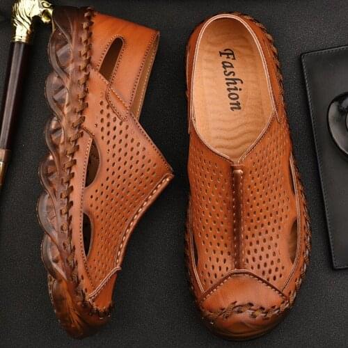 Mens 39s sandals hollow breathable gladiator mens roman genuine leather beach sandles 2020 summer rubber shoes online fashion