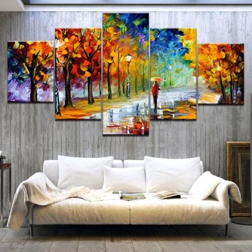 5Panel HD Printed Walking autumn forest Yellow leaves wall posters Print On Canvas Art Painting For home living room decoration