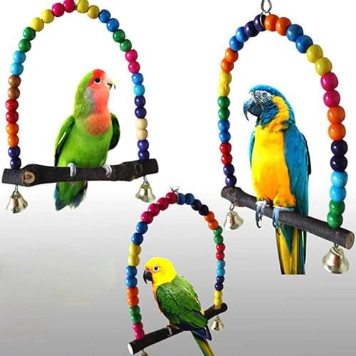 1PC Natural Wooden Parrots Swing Toy Birds Colorful Beads Bird Supplies Bells Toys Perch Hanging Swings