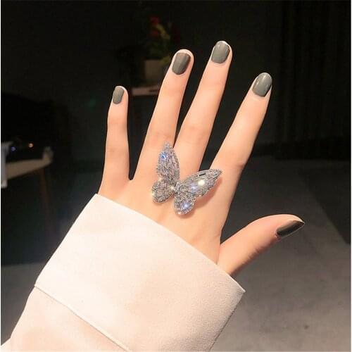 New Design Fashion Jewelry Opening Copper Inlaid Zircon Butterfly Ring Luxury Shiny Cocktail Party Ring For Women
