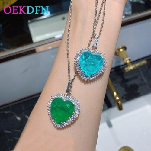 OEKDFN 925 Sterling Silver Necklaces Love Heart Paraiba Tourmaline Emerald Gemstone Yellow Gold Pendent Necklace Fine Jewelry