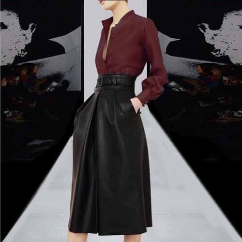 Formal Women Business Work Wear 2 Piece Set Suits Elegant Ladies Wine Red Blouse and Black Leather Skirt Suits the Feminine 2018