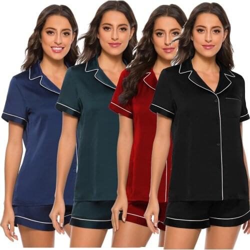 Women Short Sleeve 2 Pajama Set Summer Two Piece Silk Satin Outfit Sexy Night Wear Sleep Wear Turn-Down Collar Button Clothes