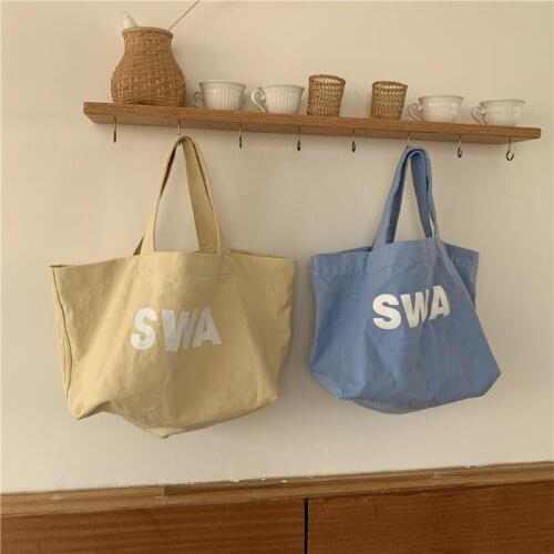 Washed Canvas Large Capacity Shoulder Bag Japanese Letter Printing Simple Tote Handbag Women
