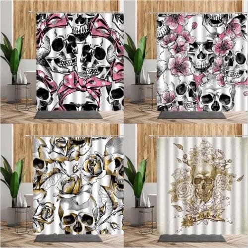 Cute Creative Shower Curtain Sugar Skull With Pink Bow Bathroom Bath Decor Waterproof Backdrop Fabric Curtains For Girls Bedroom