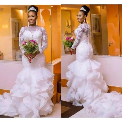 Long Sleeve Boat Neck Wedding Dresses Beaded Lace Ruffles Organza Tiered Skirt Mermaid 2022 African Bridal Gown Custom Plus Size