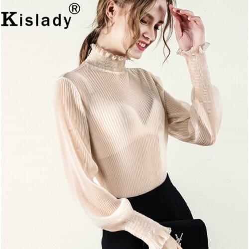 Kislady New Elegant Blouse Shirts Casual Chiffon Ruffled Neck Long Sleeve Solid Tee 2020 Autumn Minimalist Women Tops Plus Size