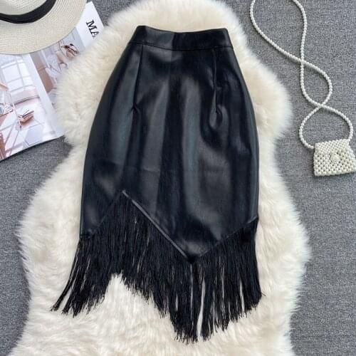 Women Chic Patchwork Tassels Irregular PU Leather Skirt Sexy High Waist Leather Bud Skirt One Step Black Skirt
