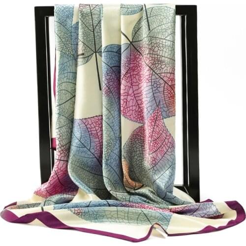 New pattern leaf Silk Scarf Women Fashion Flower Print Square Head Scarves Lady Luxury Brand Shawls Foulard Satin Hijab 90*90cm