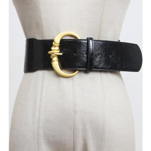 Womens runway fashion gold buckle pu leather Cummerbunds female Dress Corsets Waistband Belts decoration wide belt R3196