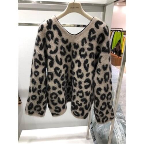 2020 Women 's Sweater Vintage Leopard Mink Cashmere Knitted Pullovers Korean Style V-neck Long Sleeve Softness Jumper Wools