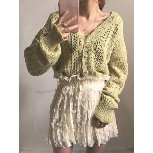 Harteen Spring Autumn New Hollow Knitted Sweater Female White Cardigan Loose Fashionable Office Lady Long Sleeve Women Clothes