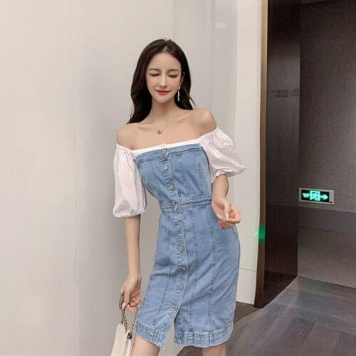 2020 new first love Mori bubble sleeve stitching word shoulder temperament slim denim dress