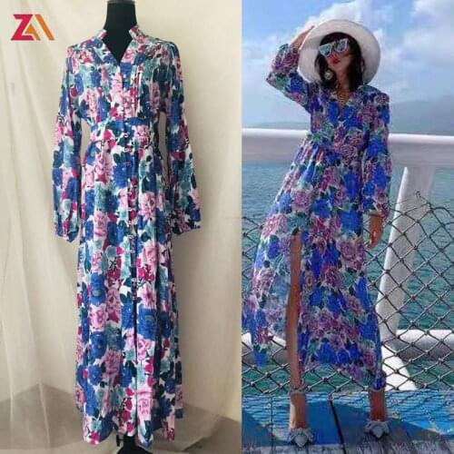 ZALady fashion runway summer dress women v-neck Lantern long sleeve floral printed bohemia beach chic party holiday dresses robe