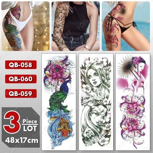 3 pcs/lot Large Arm Sleeve Tattoo Mask Lotus Waterproof Temporary Tatto Sticker Peony Rose Body Art Full Fake Tatoo Women Men