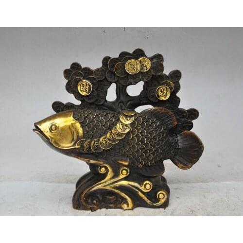 Folk Chinese Fengshui Bronze Gilt Money coin Tree Animal Fish Goldfish Statue