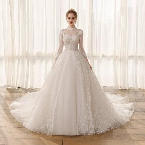 SL6813 plus size ball gown wedding dress long sleeve high neck sequins illusion bodice appliques lace tulle bridal dresses women