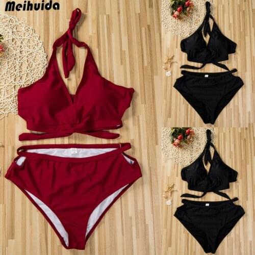 Summer Halter Triangle Bikini Womens Solid Bandage Push-Up Padded Swimwear High Waist Casual Sexy Swimsuit Bathing Brazilian