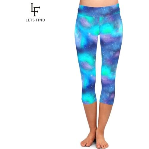 LETSFIND Plus Size Women High Waist Workout Mid-Calf Leggings Galaxy Pattern Milk Silk Print Slim Elastic Capri Leggings